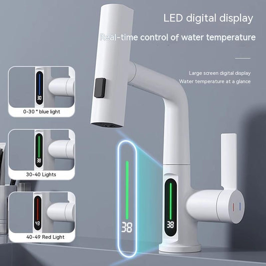 Intelligent digital pull-out basin faucet with temperature digital display rotation