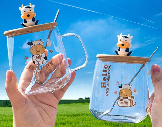 Creative cartoon cow glass mug with lid spoon