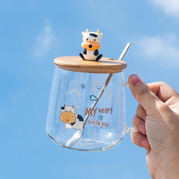 Creative cartoon cow glass mug with lid spoon