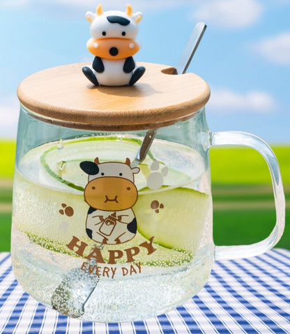 Creative cartoon cow glass mug with lid spoon