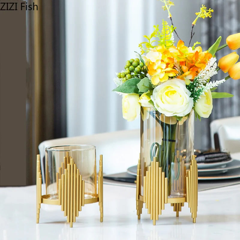 Crystal vase with a geometric golden metal frame