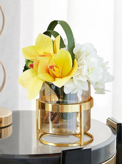 Glass vase transparent metal gold shelf