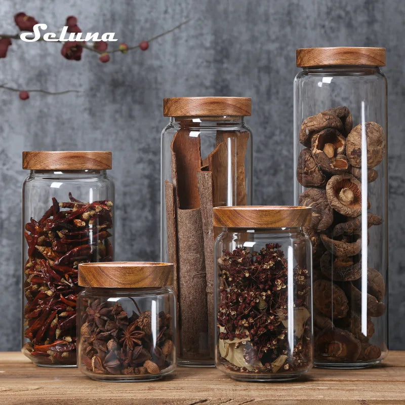 food Container glass  jar  with Stickers and Wood covers - Nanag store