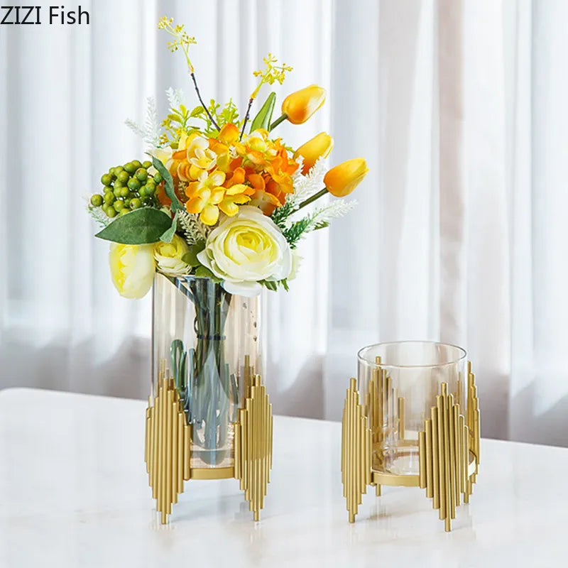 Crystal vase with a geometric golden metal frame