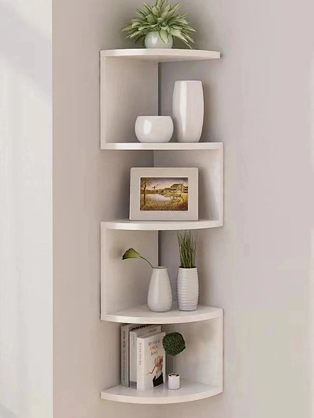 Corner shelf for books and plants, home decor accessories