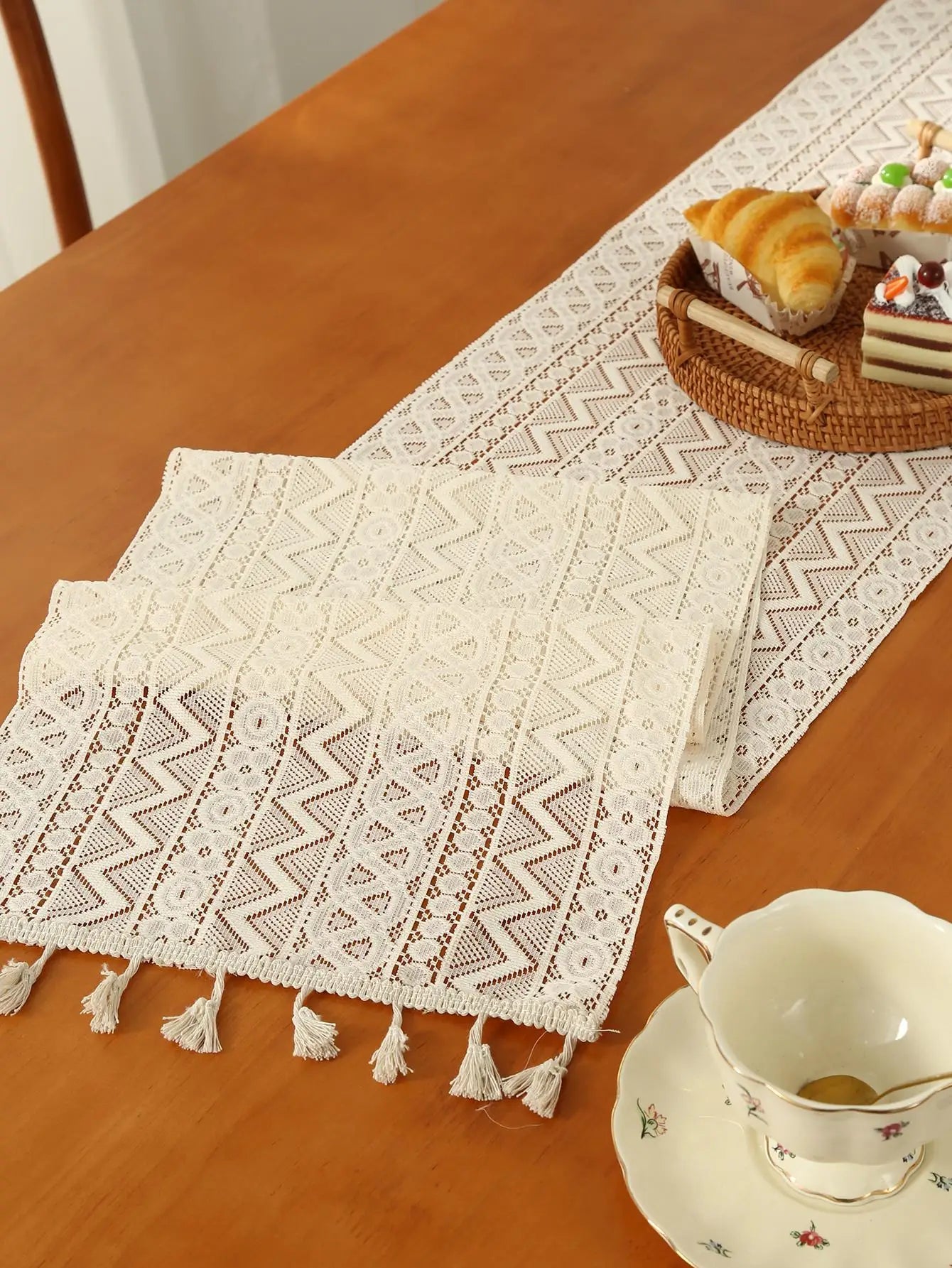 Beige lace table runner with tassels