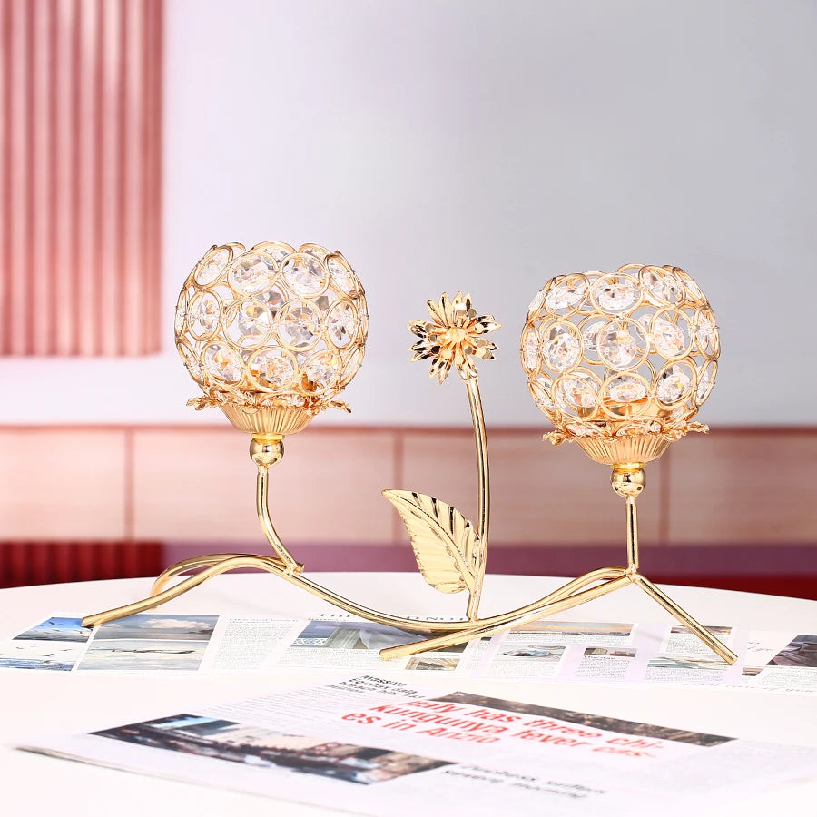 1pc golden crystal candle holder dual-head flower candlesticks