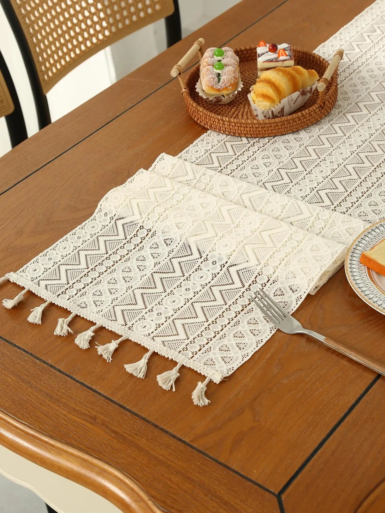 Beige lace table runner with tassels