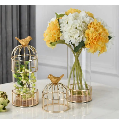 Tabletop glass vase golden birdcage candlestick metal rack