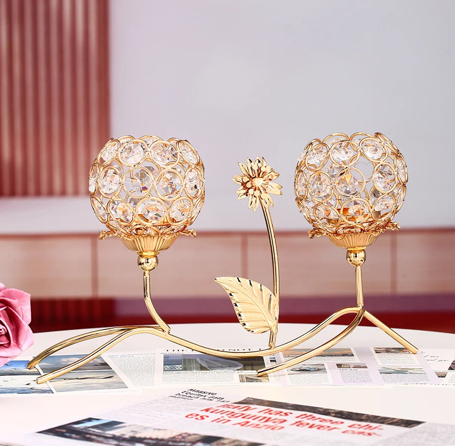 1pc golden crystal candle holder dual-head flower candlesticks