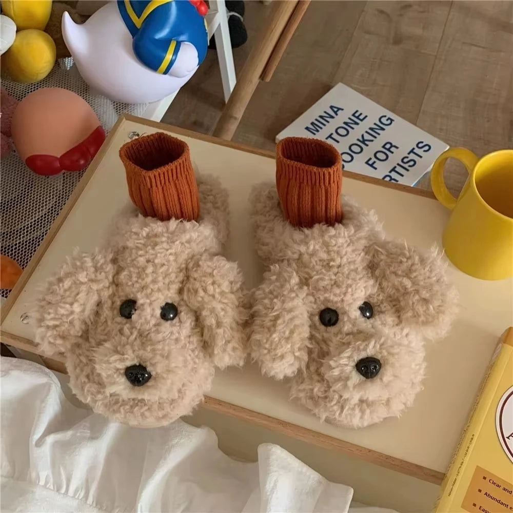 Cozy Soft Slippers Cute Animal Winter Warm Dog Plush Slides Plushy Thick Sole Fluffy Puppy Toy Poodle Slippers Girls