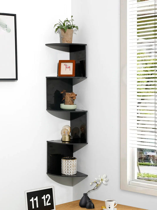 Wooden corner shelf for books and plants, home decor accessories