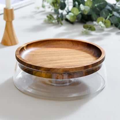 Glass storage box with wooden plate double-layered