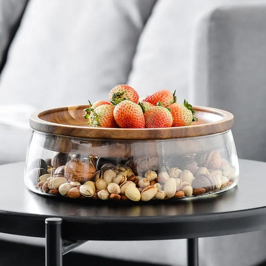 Glass storage box with wooden plate double-layered
