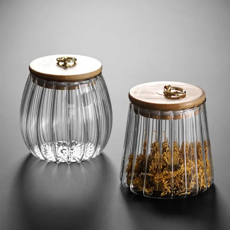 Glass kitchen storage jar with airtight wood lid