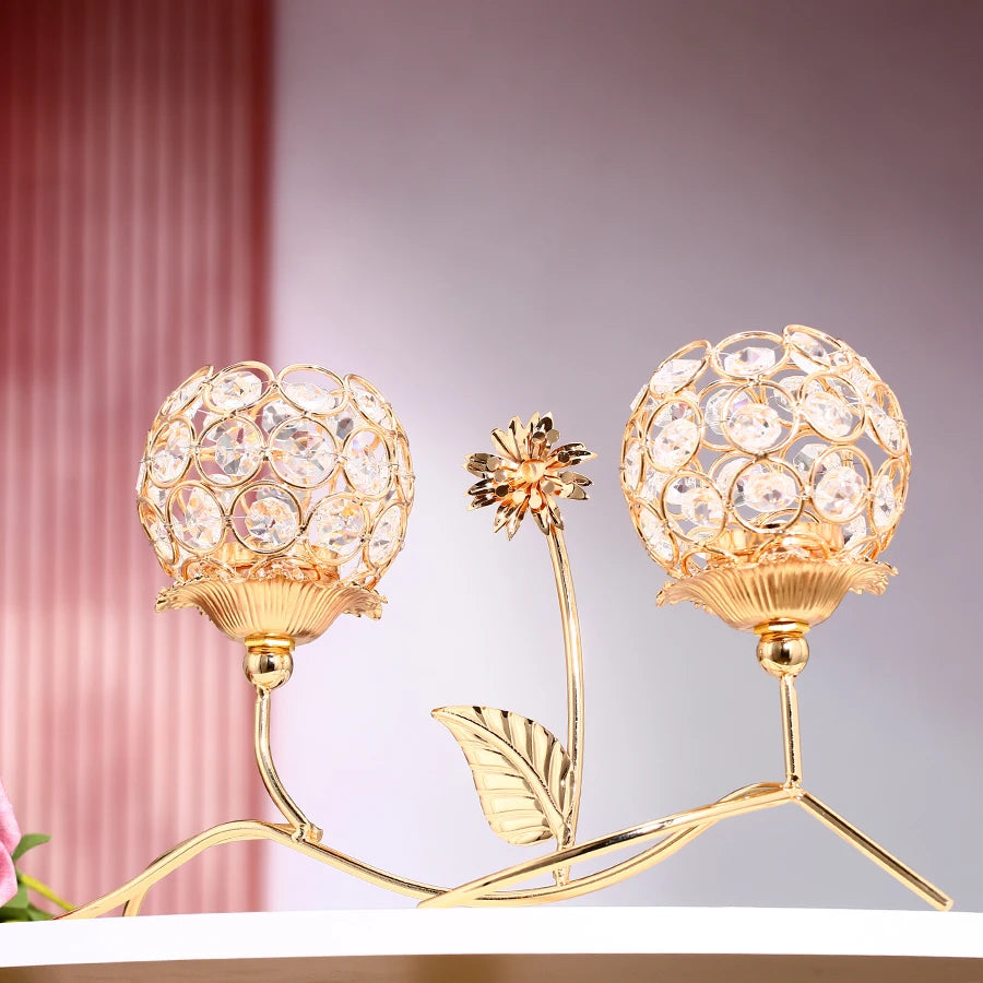 1pc golden crystal candle holder dual-head flower candlesticks