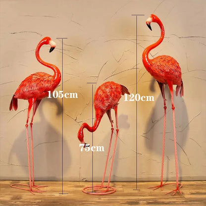 3 metal flamingo sculptures in 3 sizes for your garden