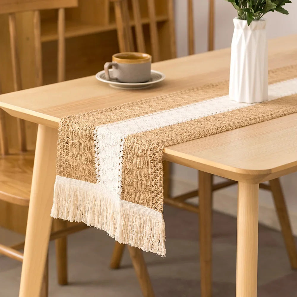 Table runner made of natural jute and linen, handwoven