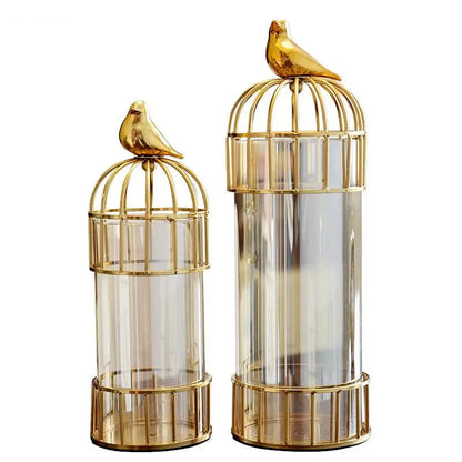 Tabletop glass vase golden birdcage candlestick metal rack