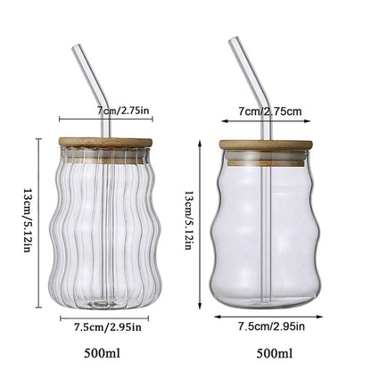 500ml glass cups with bamboo lids and straws for drinking