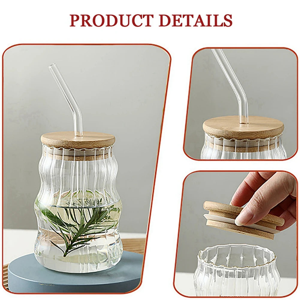 500ml glass cups with bamboo lids and straws for drinking