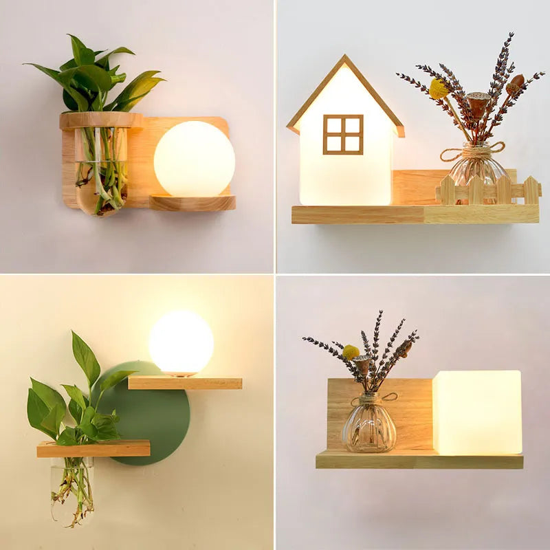 Japanese decoration solid wood plant wall lamp Nanag store