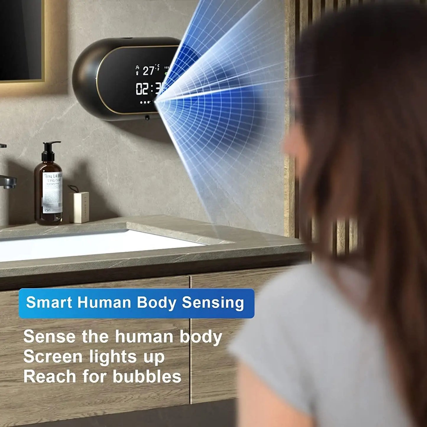 Hands-free soap dispenser with foam, display, and waterproof design.