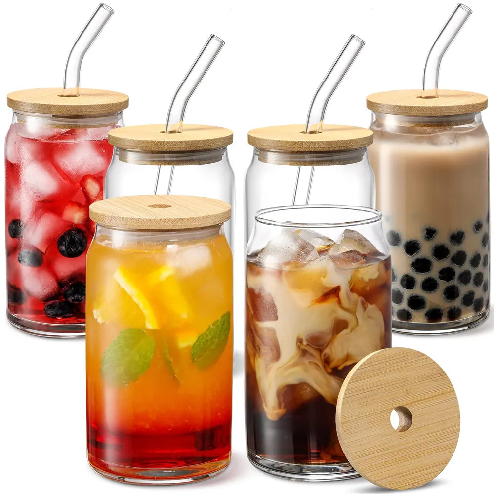 Transparent glass cup with a lid, straw, and bubble design available in 350ml/550ml