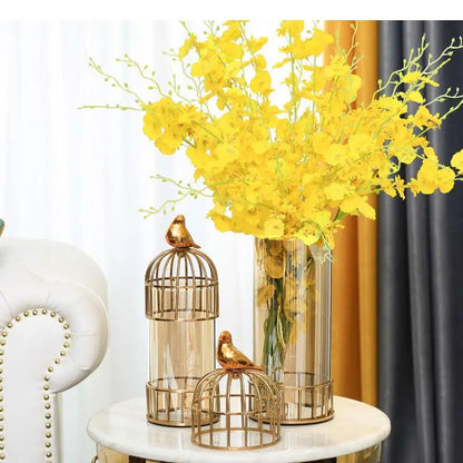 Tabletop glass vase golden birdcage candlestick metal rack