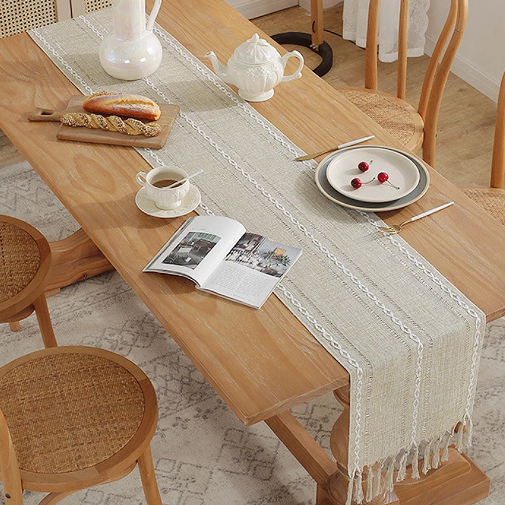 Rustic cotton-linen table runner with handmade tassel