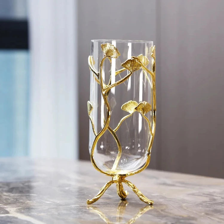 Golden ginkgo leaf glass vase