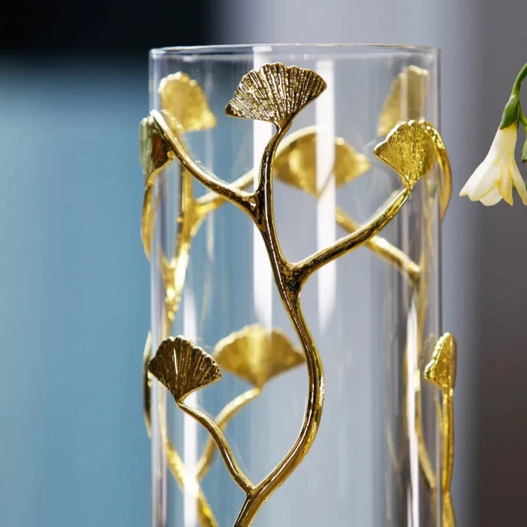 Golden ginkgo leaf glass vase