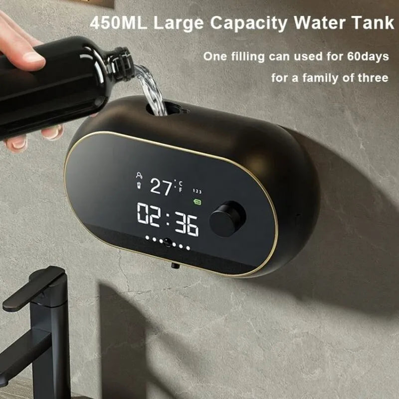 Hands-free soap dispenser with foam, display, and waterproof design.