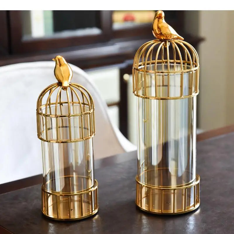 Tabletop glass vase golden birdcage candlestick metal rack