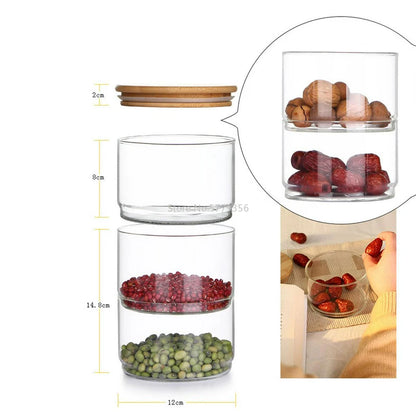 Stackable glass storage jars with bamboo covers