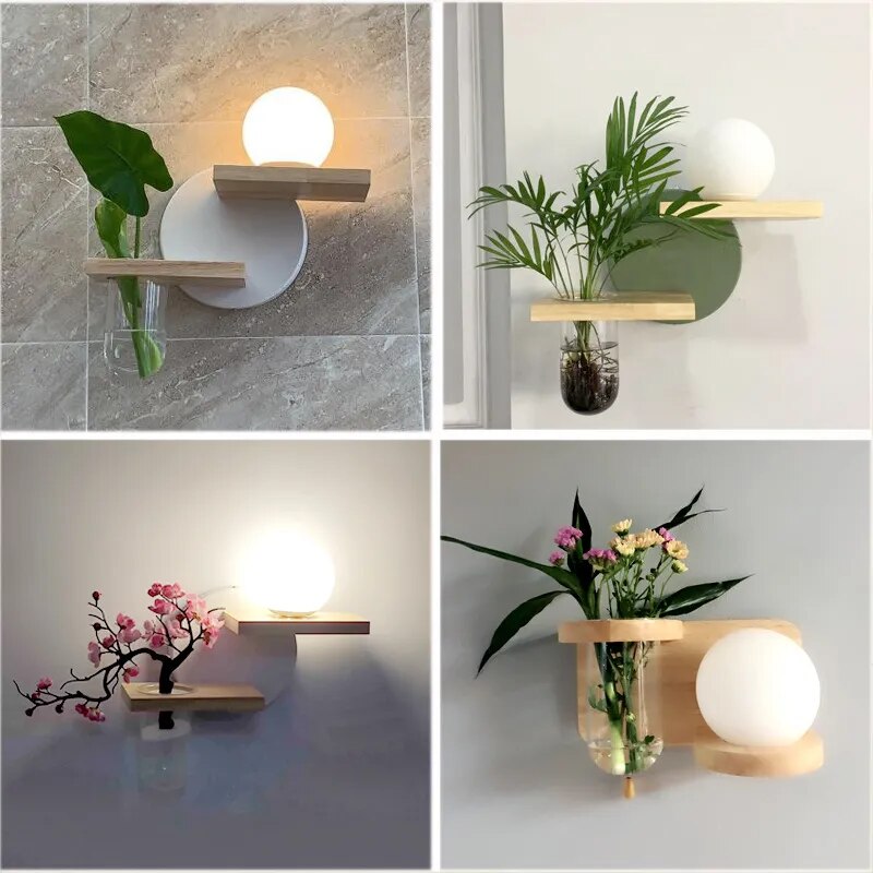 Japanese decoration solid wood plant wall lamp Nanag store