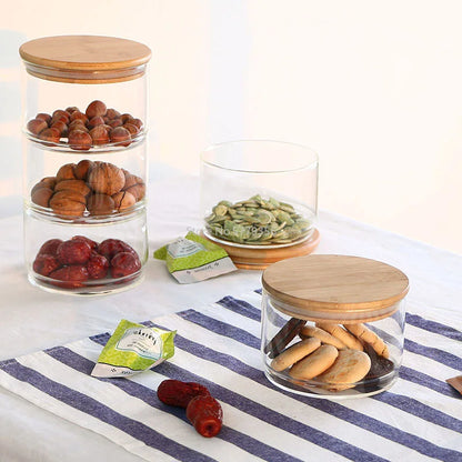 Stackable glass storage jars with bamboo covers