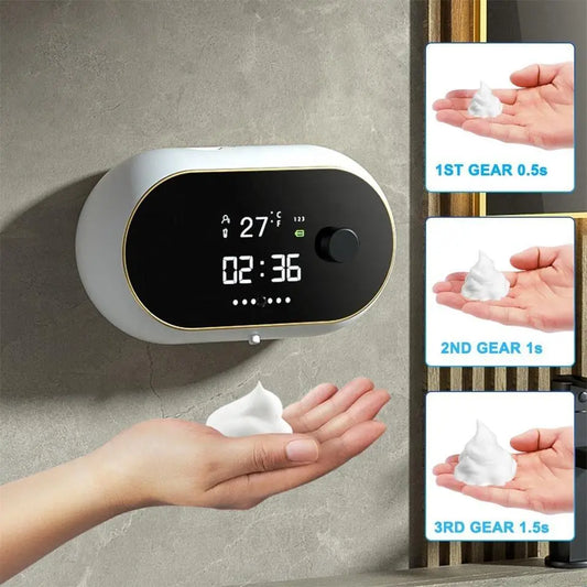Hands-free soap dispenser with foam, display, and waterproof design.