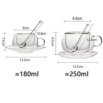 Double wall glass with dish and spoon, espresso cups set