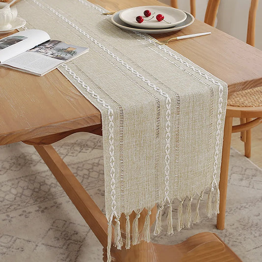 Rustic cotton-linen table runner with handmade tassel