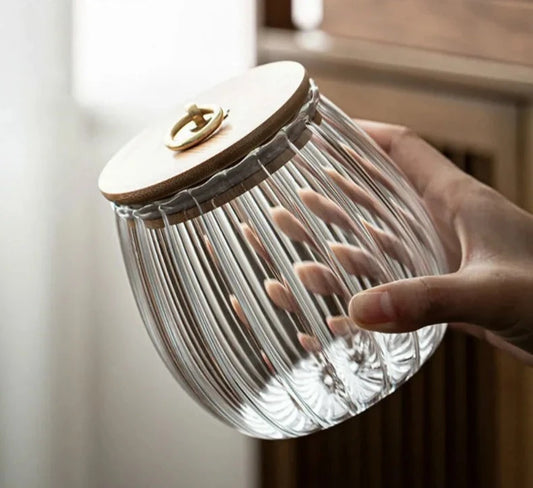 Glass kitchen storage jar with airtight wood lid
