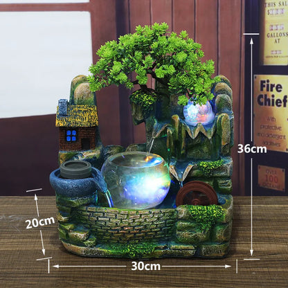 Indoor water fountain with LED lights waterwheel, fishbowl